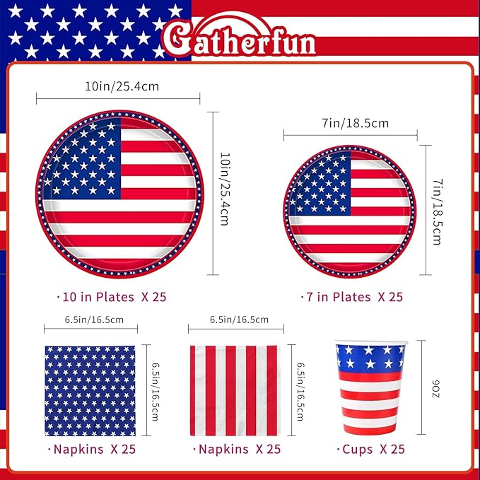 Paper Plates Set, American Flag Patriotic Party Tableware, 125 Pieces