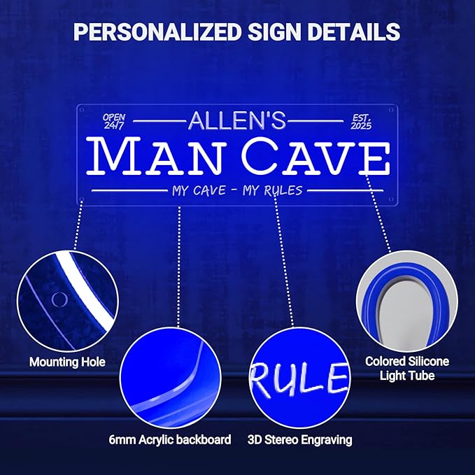 Custom Man Cave Neon Sign for Wall Decor, Personalized LED Neon Home Bar Name Signs, Dimmable Customizable Light Up Signs for Man Cave Lounge Basement Bar Tavern Bistro Business, Men Dad Gifts