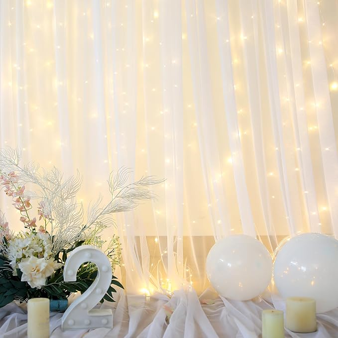 White Tulle Backdrop Curtain with Lights String for Parites 10×8ft Sheer Backdrop Curtains White Curtain Backdrop for Wedding Baby Shower Birthday Party Photo Shoot Decorations(2 Panels 10ft×8ft)