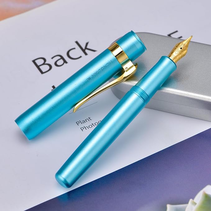 HONG DIAN M2 Black Forest Mini Fountain Pen, Bent Nib & Sleek Shape Aluminium Short Pocket Travel Pen (Lake Blue)