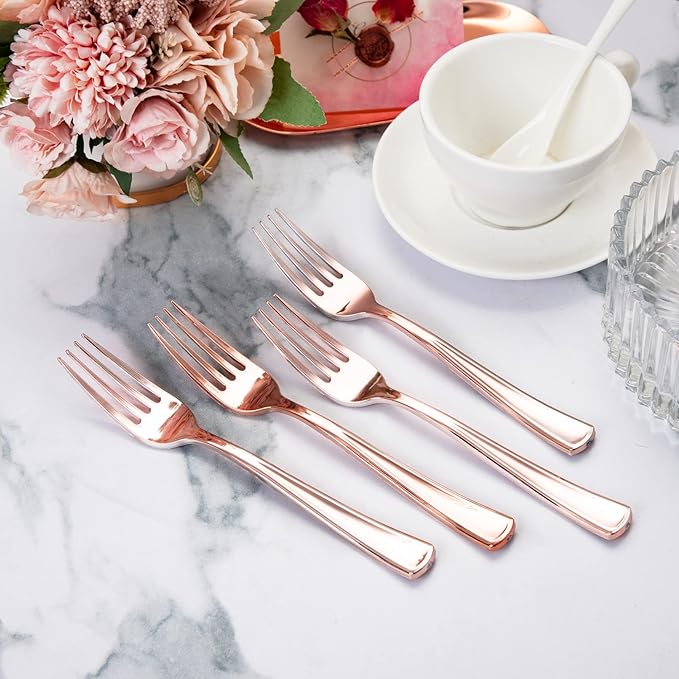 Forks, 200 Count Rose Gold Plastic Disposable, 7.4 Inch Length