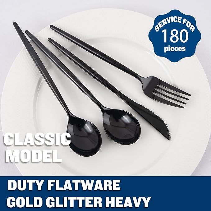 Black Plastic Spoons and Cutlery Set, 180 Count with Forks and Knives