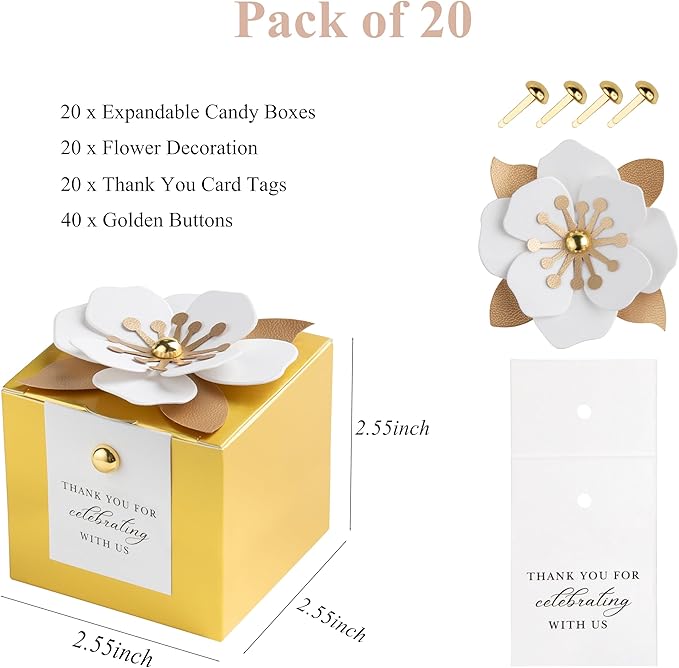 Gift Boxes, 20 Gold Candy Boxes with White Floral Decor and Thank You Tags