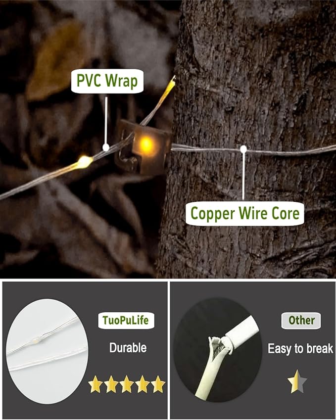 String Lights with 130 Warm White LEDs, Solar USB Rechargeable, 8 Modes