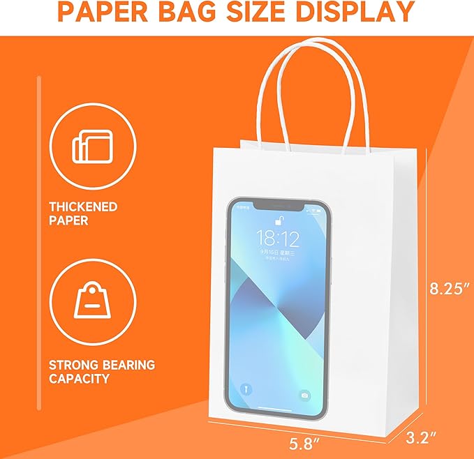 Small White Kraft Paper Gift Bags with Handles, 100 Count