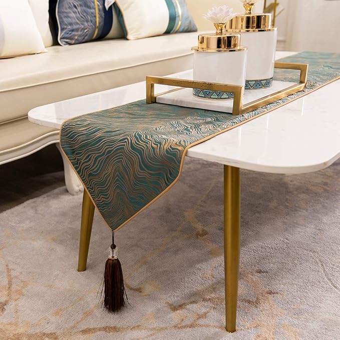 Avigers 12 x 78 Inch Decorative Luxury Abstract Striped Green Teal Table Runners with Tassels for Home Living Room Bedroom Art Decor Wedding