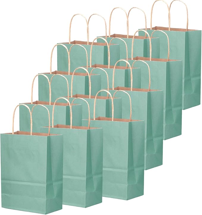 Gift Bags 100 Pack, Light Blue Kraft Paper with Handles