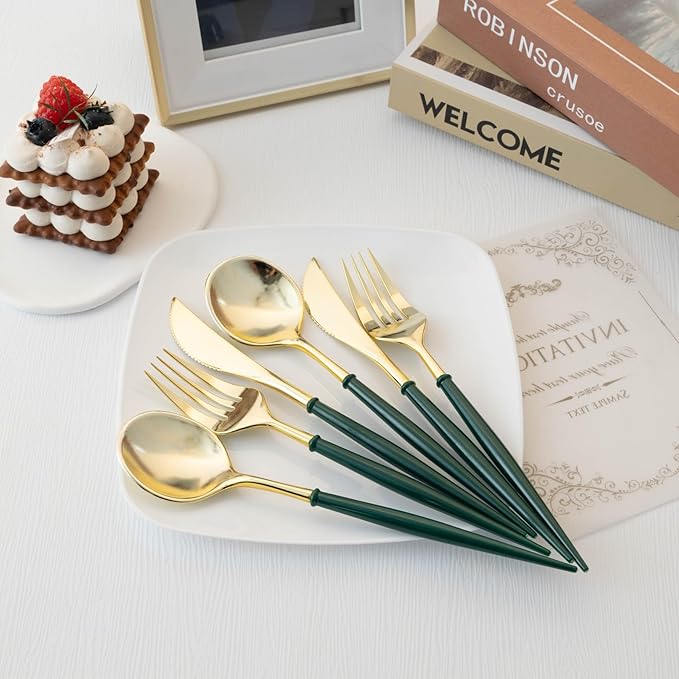 Disposable Gold Plastic Spoons, 150 Count, Green Handles