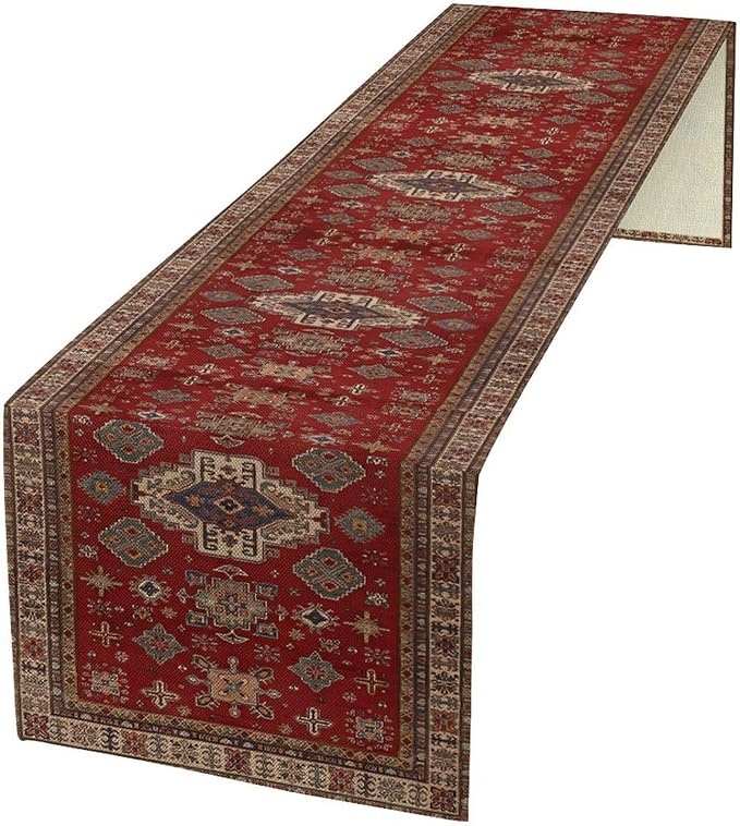 Boho Floral Vintage Table Runner, Retro Red Brown Flower Rustic Country Farmhouse Abstract Pattern for Home Kitchen Table Decor Dining Coffee Room Party Decor 13x120in