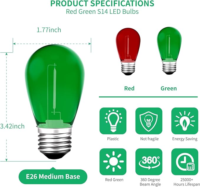LED String Light Bulbs S14, 24 Pack, Red and Green, E26 Base