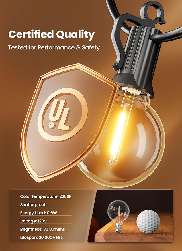 String Lights, 109 Ft Outdoor LED Patio Lights with 50 Warm White Bulbs