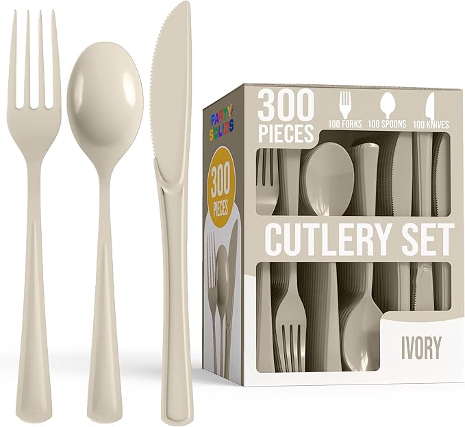 Plastic Cutlery Set 300 Pieces Ivory Forks Knives Spoons