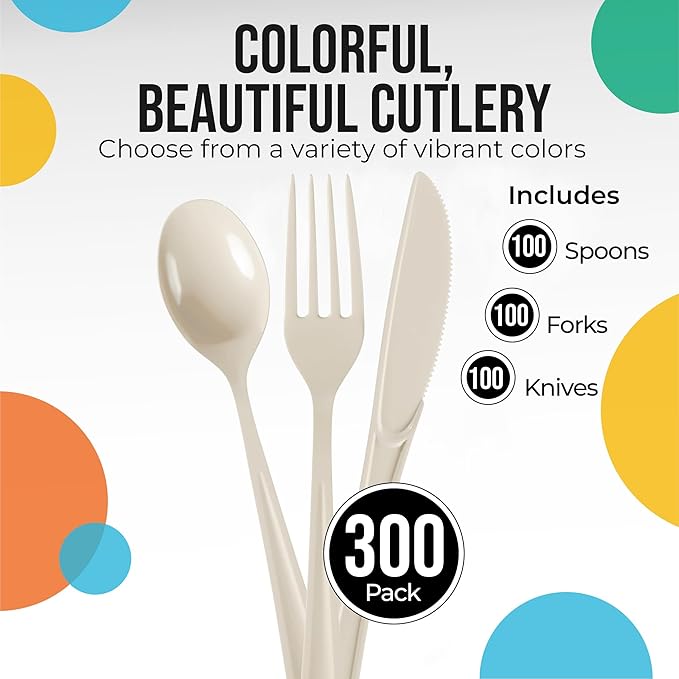 Plastic Cutlery Set 300 Pieces Ivory Forks Knives Spoons