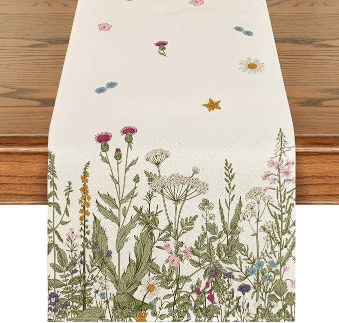 Artoid Mode Antique Herbs and Wild Flowers Summer Table Runner, Spring Fall Kitchen Dining Table Decoration for Home Party 13x120 Inch
