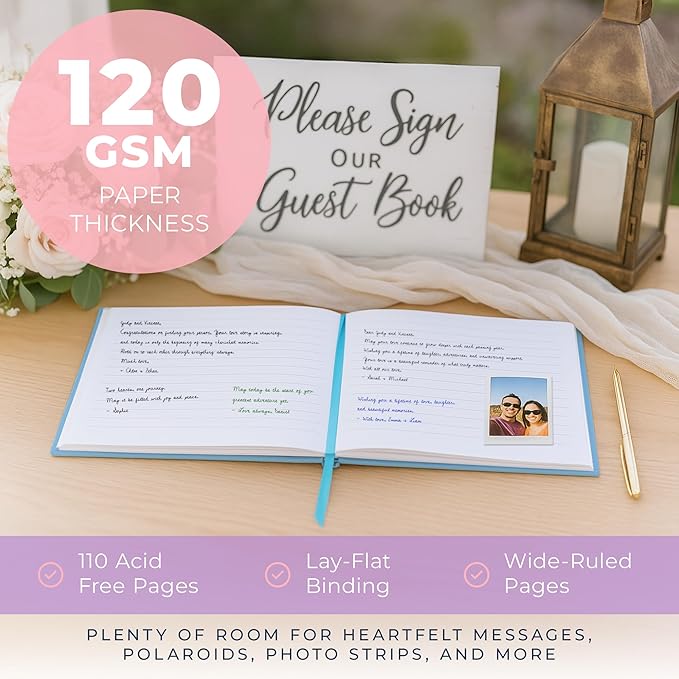 Guestbook with 110 Lined Pages, Vegan Leather Cover and Satin Ribbon