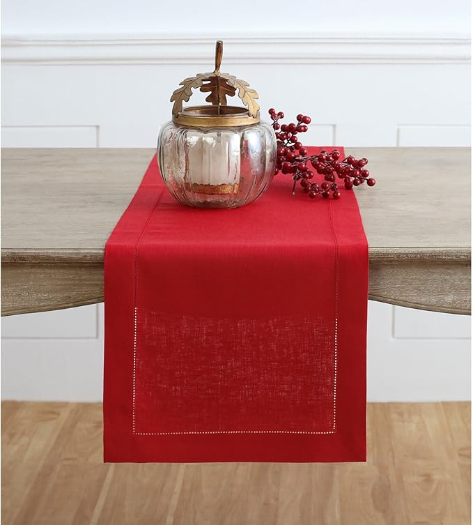 Solino Home Linen Red Table Runner 132 Inches Long - 100% Pure Linen Extra Long Table Runner 14 x 132 Inch for Christmas, Holiday - Classic Hemstitch