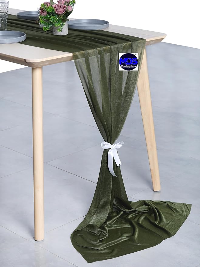 MDS 20 Pack 10ft Chiffon Table Runner 29 x 120 Inches Sheer Wedding Runner Romantic Rustic Table Runner for Wedding Decorations, Birthday Parties, Bridal Shower Party Arch Decor - Olive Green