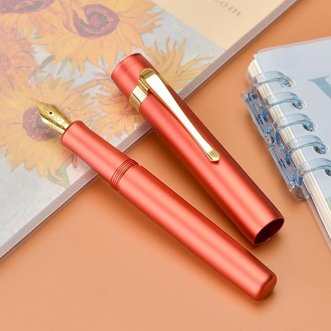 Hongdian M2 Mini Fountain Pen with Extra Fine Soft Golden Nib, Sleek Shape Aluminium Short Pocket Travel Pen (Orange Red)