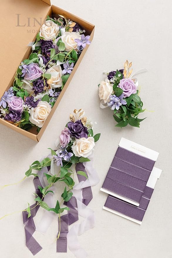 Artificial Pew Flowers, Lilac and Gold Silk Aisle Decor, 8 Pieces