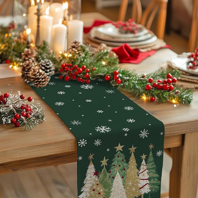 GEEORY Christmas Table Runner 13x90 Inch, Xmas Trees Snowflakes Holiday Decorative Farmhouse Table Decoration for Kitchen Dinning, Indoor Outdoor Dinner Party Decor (Green) GT152-90