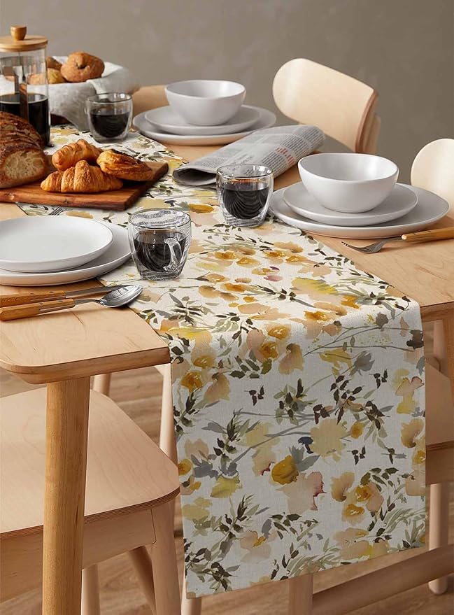 Vintage Orange Flower Cotton Linen Table Runner for Dining Kitchen, Wedding Outdoor Party Tablerunners Decoration, Farmhouse Botanical Floral Retro Dresser Scarf Coffee Tablecloth Runners 13x90 Inches