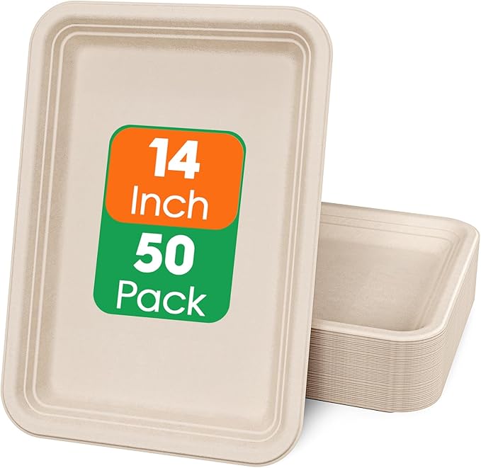 Disposable Compostable Food Trays, 50 Count, 13.8 x 9.8 Inch Rectangular