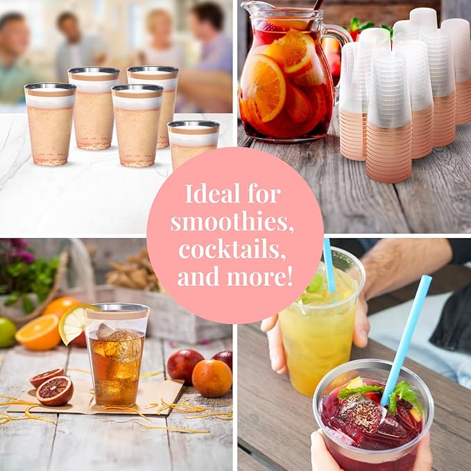 Plastic Cups, 14 oz Rose Gold Rimmed, 50 Count for Weddings