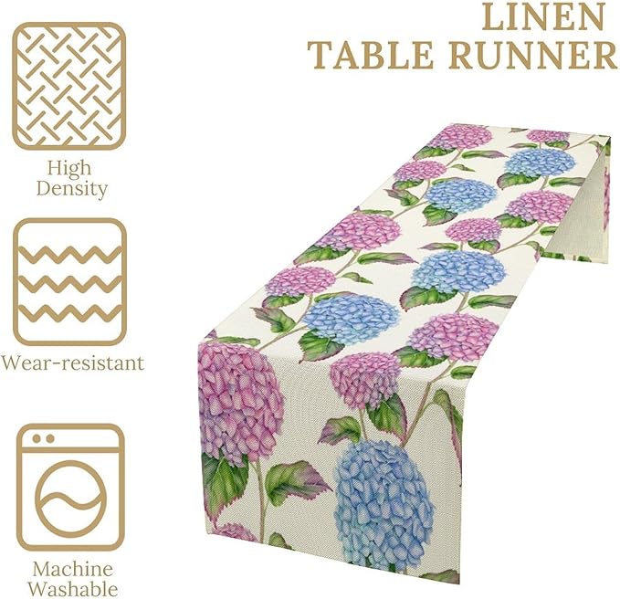 Spring Hydrangea Flower Table Runner, Seasonal Summer Plants Watercolor Pink Purple Florals Dinner Runner for Home Kitchen Dining Table Party Holiday Decoration 13"x36"