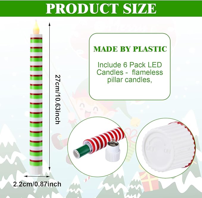 6 Pcs Christmas Flameless Taper Candles 10.6 Inch Red Green and White Striped Dots Candles Battery Operated LED Christmas Candlesticks for Xmas Centerpiece Holiday Party Decor