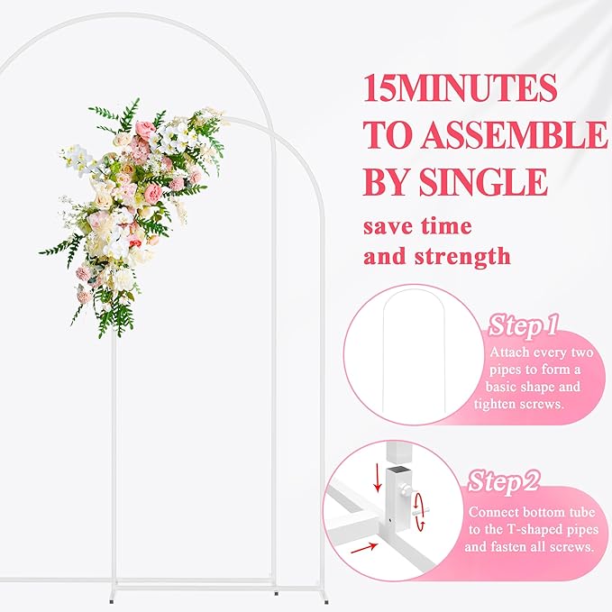 Metal Wedding Arch Backdrop Stand, White, Set of 2 in 7.2 ft and 6 ft Sizes