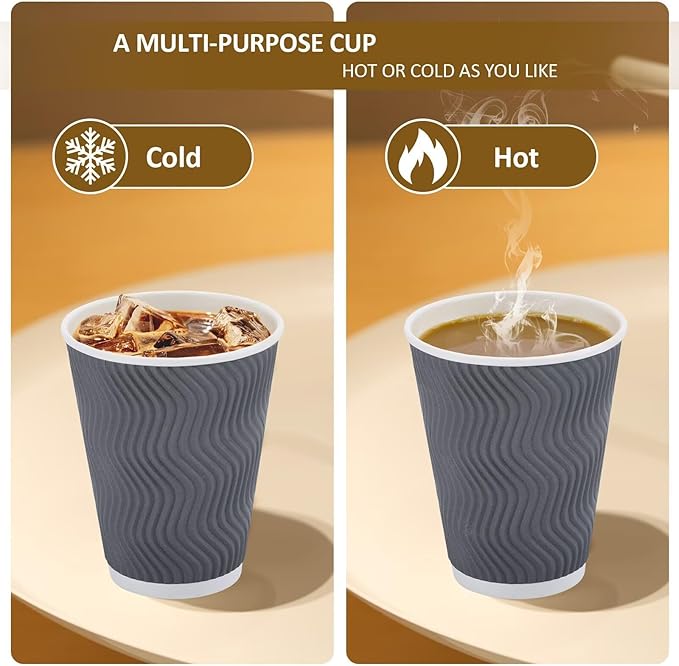 Disposable Paper Coffee Cups with Lids, 12 oz Gray, Pack of 100