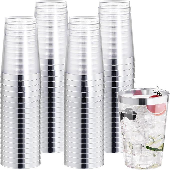 Party Cups, 12 Oz Clear Plastic with Silver Rim, 50 Count