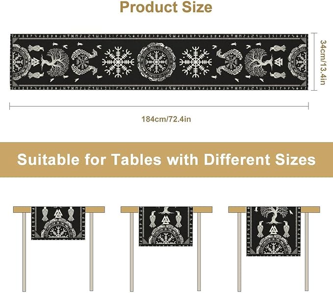 Ancient Abstract Pattern Table Runner, Tree of Life Eagle Dragon Boat Rudder Black and White Table Runner for Party Kitchen Dinner Cafe Bedroom Living Room Table Runner 13x120 Inch