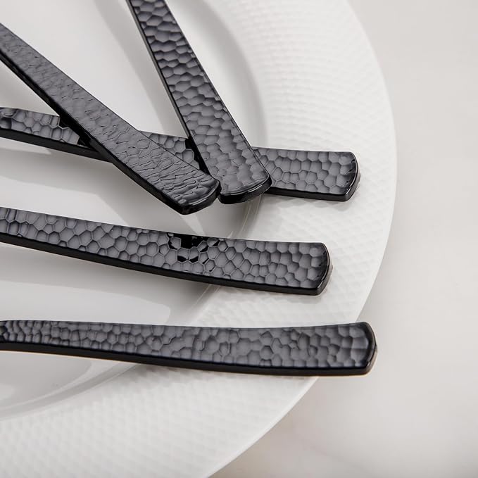 Spoons and Forks Set, Black Plastic Disposable, 400 Count, Hammered Finish