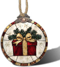 Stained Glass Christmas Decorations, Red Gift with Gold Ribbon Suncatcher for Window Christmas Tree Hanging Ornaments Retro White Sun Catcher Xmas Decor Gifts for Women Men Mom Nana Friend