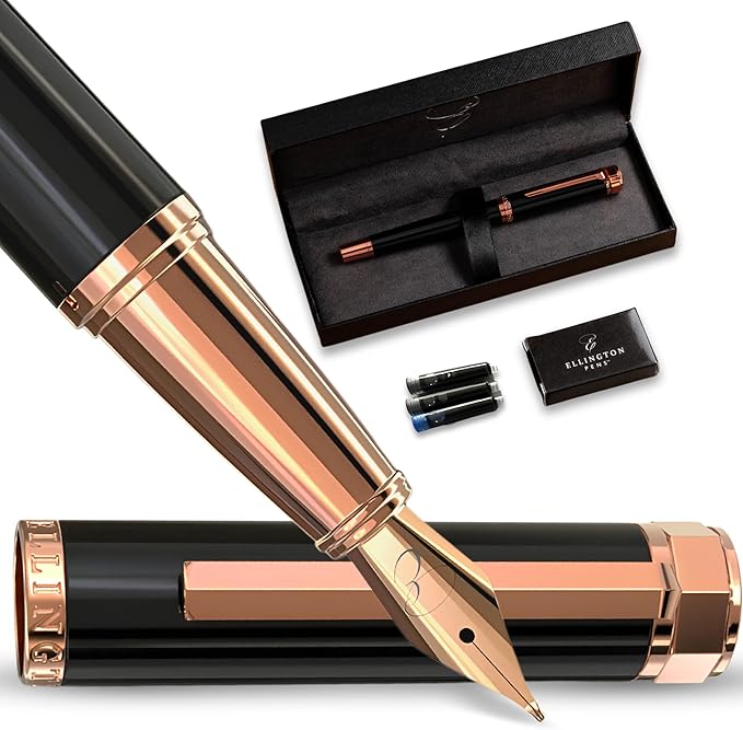 Ellington Pens Luxury Fountain Pen Set- Fountain Pens for Writing - Smooth Medium Nib - Includes Refillable Ink Converter, 3 Ink Cartridges [Black & Blue], Gift Box - Elegant Calligraphy