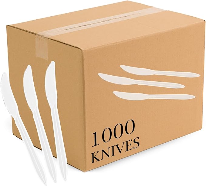 Disposable Plastic Cutlery Knives in White, Glossy Finish, 1000 Count