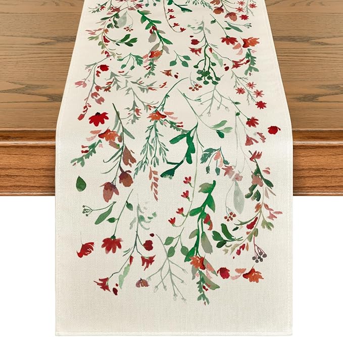 Artoid Mode Floral Leaves Christmas Table Runner, Wild Flowers and Grasses Winter Kitchen Dining Table Decoration for Home Party Decor 13x48 Inch