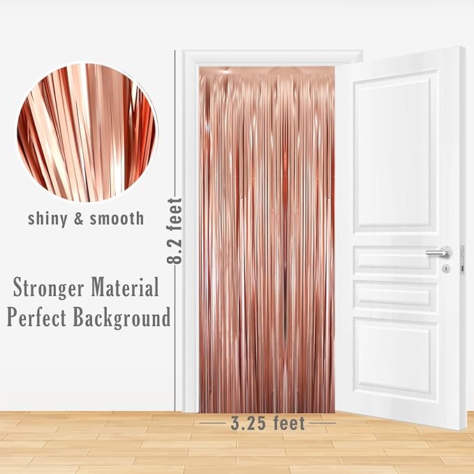 GOER 3.2 ft x 8.2 ft Metallic Tinsel Foil Fringe Curtains Party Photo Backdrop Party Streamers for Birthday,Graduation,New Year Eve Decorations Wedding Decor (3 Pcs,Matte Rose Gold,Thick Material)