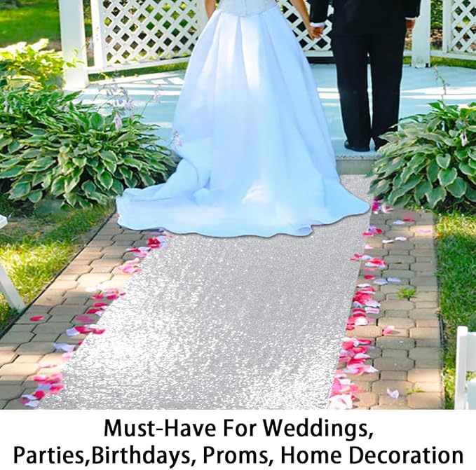 Silver Sequin Aisle Runner, 4 x 10 ft, 1 Piece for Weddings and Parties