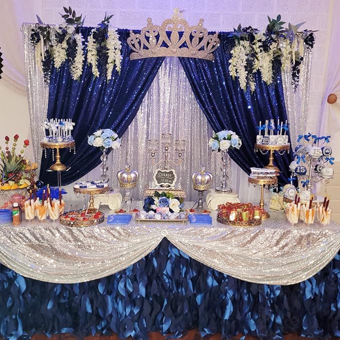 Poise3EHome 8Ft x 8Ft Navy Blue Sequin Backdrop Curtain, Glitter Thick Satin Sequin Background Drapes, Opaque Sparkly Backdrop Curtain, Sequin Backdrop for Xmas Thanksgiving Wedding Party Decor
