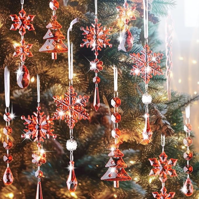 Lanpn 26pcs Christmas Ornaments Crystal Christmas Tree Decoration, Hanging Clear Acrylic Snowflake Icicle Drop Pendants for Xmas Winter Outdoor Indoor Party Decoration Red