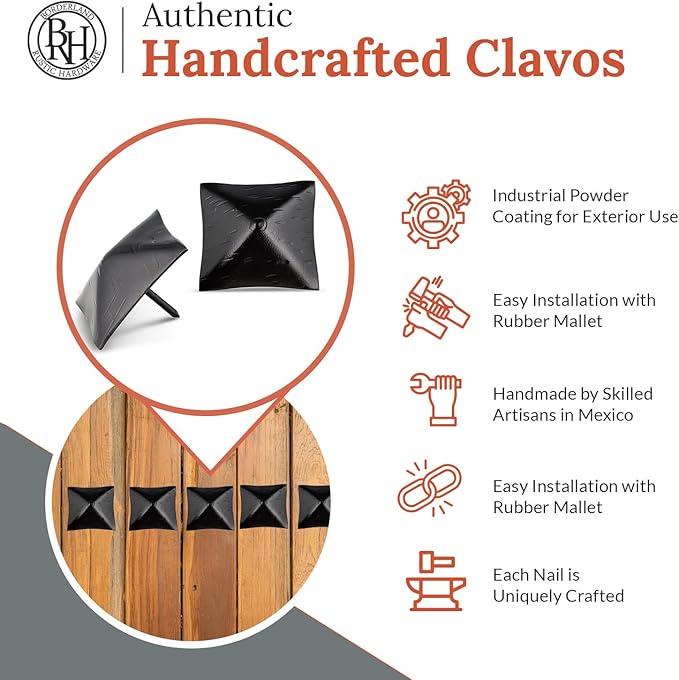 10 Pack 2" Square Head Iron Clavos Decorative Nails – Black – Handmade Rustic Square Fasteners for Farmhouse Shutters, Faux Wood Beams, Barn Doors, Shutters, and Gates – Ornamental Wood Accent