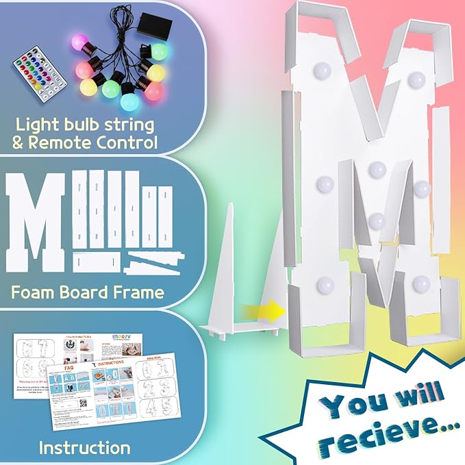 Marquee Light Up Letter M Decoration, 3 FT with Remote and 16 Colors