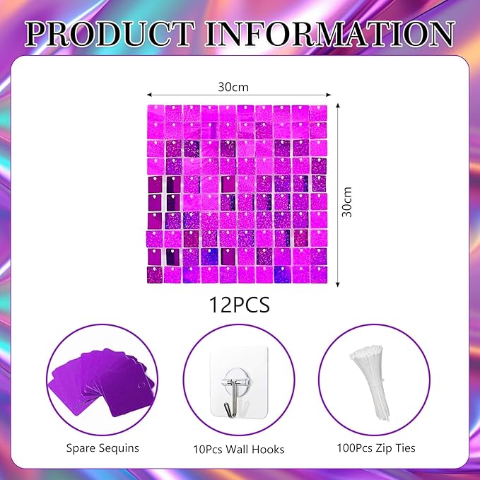 12PCS Purple Shimmer Wall Backdrop, Laser Square Sequin Photo Backdrops Panel, Glitter Wall Background for Birthdays, Weddings, Christmas, Engagements, Disco Bachelorette Party Decoration (3FTx4FT)