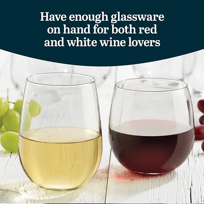 Wine Glass Set of 12, Stemless, 16.75 oz Red and 17 oz White