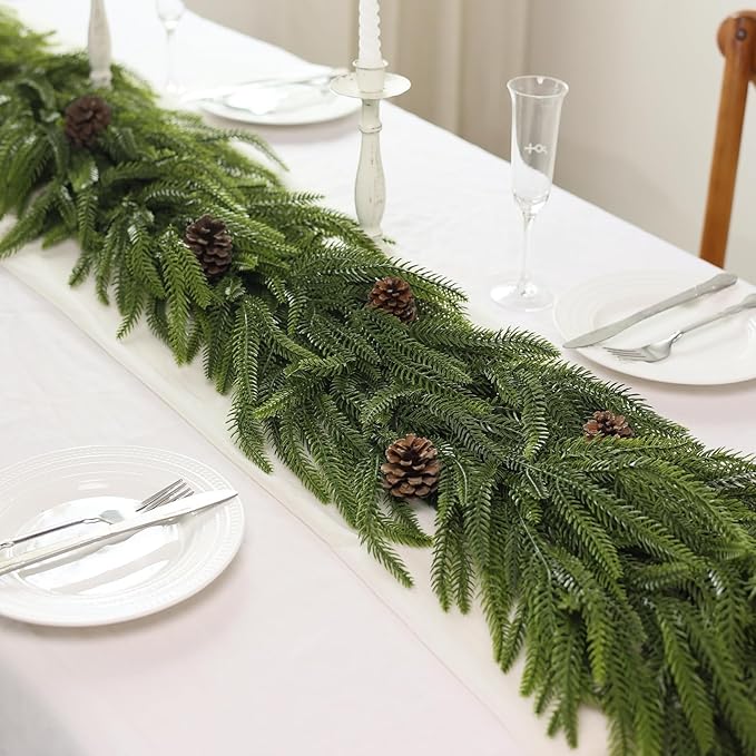5FT Christmas Norfolk Pine Garland -2PCS, Artificial Pine Needles Garlands Faux Greenery Fake Garland for Holiday Fireplace,Table,Window,Stairs,Mante,Indoor Outdoor Decor