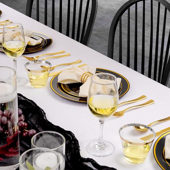 Plates Black and Gold Round Disposable Set, 300 Pieces Plastic