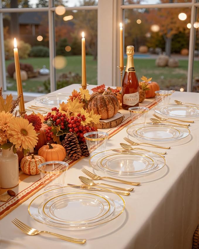 Plastic Plates Set, Clear Gold with Gold Trim, 300 Pieces