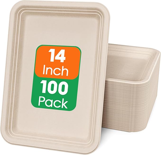 Disposable Food Trays, 100 Pack 13.8 x 9.8 Inch Compostable Sugarcane